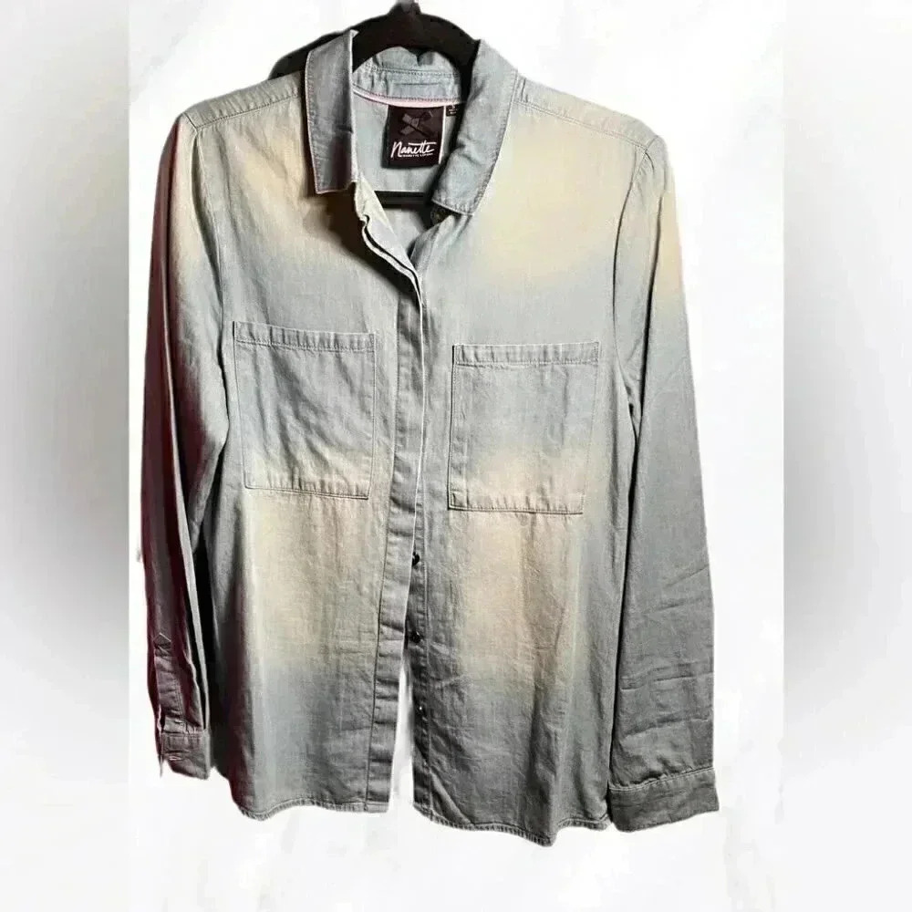 Nanette Lepore denim color button down faded vintage wash long sleeve blouse S - Picture 2 of 4
